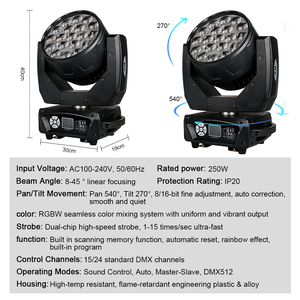 מחיר מפעל 19x15W תאורת ראש נעה RGBW 4 ב-1 עם שבבי LED זום סטרוב DMX512 בקרת סאונד IP20 תאורת דיסקו לחתונות, מועדונים, ברים ודיג'יי - Product Image 5