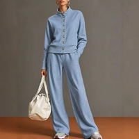 Ensemble décontracté pour femme 2026 : Cardigan à col montant et manches longues de couleur unie et pantalon large en polyester et élasthanne, coupe ample