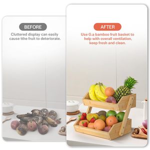 Double Layer Bamboo Fruit Rack With Drainage <b>Kitchen</b> Countertop Storage Vegetable Basket Eco Friendly Square Design - Product Image 3