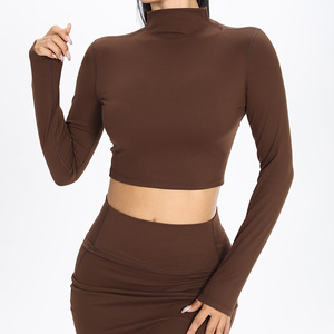 Wholesale Custom Solid Crew <b>Neck</b> Long Sleeve Yoga <b>Top</b> Sets Tummy Control Breathable Front Sports Casual Activewear Women - Product Image 4