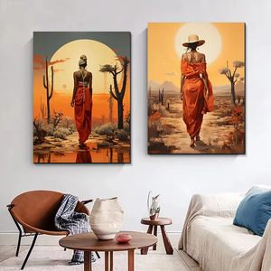 Arte Abstracto Moderno al por Mayor, Lienzo con Mujer Africana, Decoración de Pared de Estilo Étnico en Naranja y Negro para Vestíbulo de Hotel u Oficina - Product Image 2
