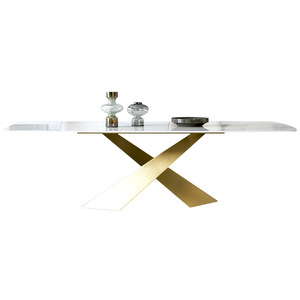 Mesa de comedor italiana de lujo con tapa de cristal, rectangular, para el hogar, restaurante, juego de sillas, mesa de comedor de roca dorada - Product Image 6