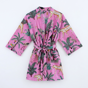 Tiger Print Cotton Kimono <b>Robe</b> V Neck Loose Fit Beach Cover Up Summer Loungewear for <b>Women</b> Hand Print Cotton kimono Night wear - Product Image 1