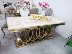 Juego de sillas y mesas de comedor de lujo modernas, plato de roca dorada ligera en acero inoxidable, Villa posmoderna para el hogar, <span class=keywords><strong>mesa</strong></span> grande de mármol - Product Image 4