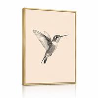 Impression sur toile encadrée or, motif colibri, illustration en encre à la plume, style vintage, oiseau scientifique, technique de stippling, monochrome, décoration de luxe