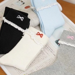 Women Ankle Socks Gray With Pink Bow <b>Lace</b> Trim Breathable Cotton Sweat Absorbing For Youth - Product Image 3