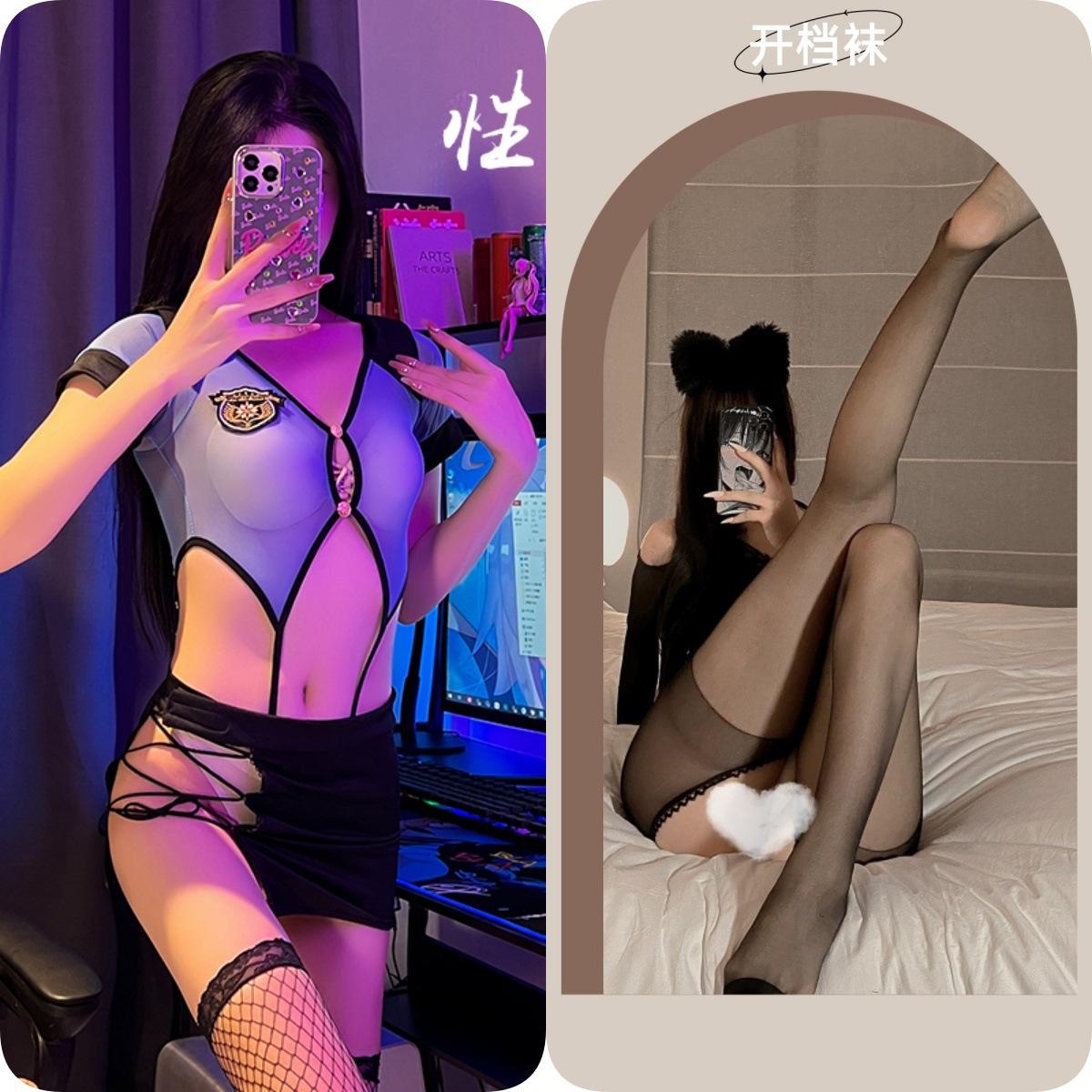 ชุดตำรวจหญิง + ถุงเท้าเปิดสีดำ