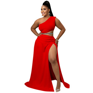 Ropa de mujer Traje de talla grande Color sólido Hombro inclinado Fuera del hombro Sexy Vaina Split Temperament <span class=keywords><strong>Twinset</strong></span> - Product Image 3