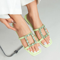 Sandales EVERGREEN tendance printemps-automne en cuir véritable léger à bout carré, antidérapantes, avec strass, pour l'extérieur, été