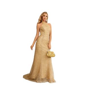 Listo para enviar Mujeres Halter Escote Dorado Elegante Vestido de encaje Señora Noche Vestidos de fiesta de graduación - Product Image 1