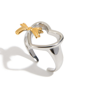 Yueli Heart Shape <b>Ring</b> Silver Gold Bow <b>Open</b> Design Unisex Fashion Jewelry Gift - Product Image 5