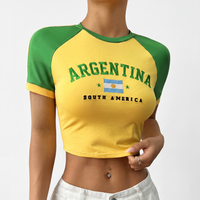 T-shirt court brodé personnalisé Brésil, manches raglan, couleur contrastante, en coton pour femme, style Y2K, vente en gros d'usine TKAN6642