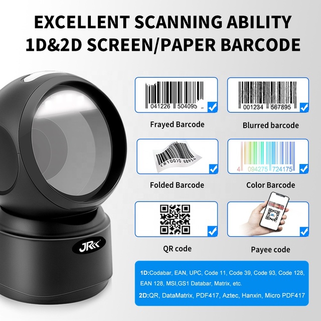 JR T30e 2D Omnidirectional Barcode Scanner Hands-Free Desktop QR Code Reader Presentation Platform USB Wired