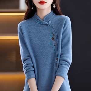 Women's Thickened Fleece Lined Retro Long Sleeve Sweater Purple Embroidered Autumn Winter Outerwear Base Layer M 4XL - Product Image 3