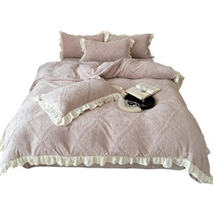 Milk Floss Jacquard <b>Bedding</b> <b>Set</b> Solid Color Thermal Duvet Cover Sheet Home Use - Product Image 5