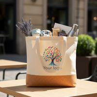 Sac fourre-tout en toile avec logo personnalisé, fond en liège, réutilisable, avec longues poignées pour les courses, le marché, la plage, les voyages et le travail