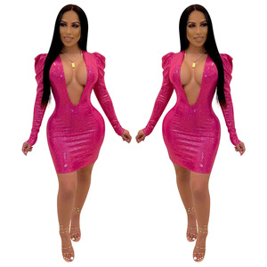 <span class=keywords><strong>Abito</strong></span> Aderente Sexy da Discoteca con Scollo Profondo a V, Elegante Vestito con Paillettes per Feste e Serate di Gala - Product Image 2