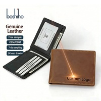 Cartera de Cuero Vacuno Genuino Personalizada con Logotipo, Diseño Minimalista Vintage, Delgada, Corta, de Lujo, Multifuncional, con Protección RFID y Poliéster