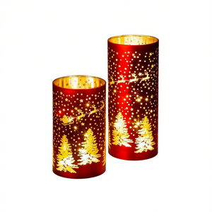 Porte-bougies décoratifs de Noël, rouge et or, rennes, arbres, lumières LED, ensemble d'éclairage de Noël pour la maison, lot de 2 - Product Image 1