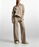 Ensemble deux pièces en tricot à col polo pour femmes, hauts à manches longues, pantalon large, tenue décontractée et ample pour la maison