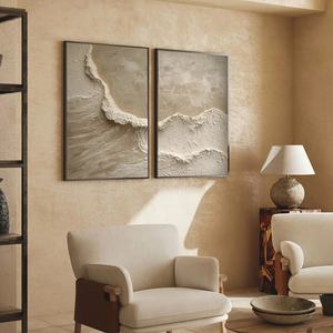 Peinture à l'huile abstraite texturée 3D de vagues océaniques, art mural décoratif pour la maison, peint à la main sur toile, tons neutres doux - Product Image 4