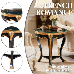 Tavolino Laterale in Legno Intagliato a Mano, Durevole e di Alta Qualità, Stile Antico per Soggiorno, con Piano in Vetro Temperato da 1cm - Product Image 2