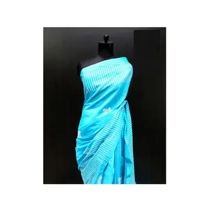 Direct Factory Supply Blue Geometric Pattern Mul Cotton Saree Border with White Stripes for Export from India
