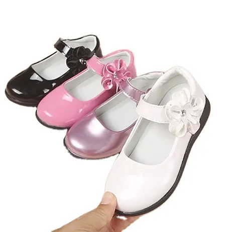 New Products Sequin Kids Leather Shoes Round Toe Non-slip Breathable Flower Princess Baby Girls Dress Shoes