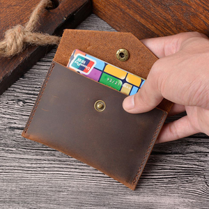 Porte-cartes en cuir véritable Crazy Horse, mini porte-monnaie à bouton-pression, portefeuille vintage en cuir de vachette pour hommes et femmes - Product Image 1