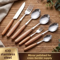 Ensemble de couverts en acier inoxydable 430, durable, luxe léger, manche en bois, couteau, fourchette, cuillère, baguettes, finition miroir, réutilisable