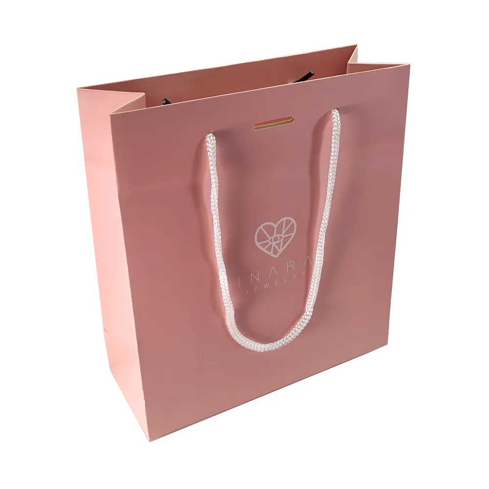 Custom recyclable retail pink christmas gift bag package jewelry wine art paper shopping bags with ribbon handles