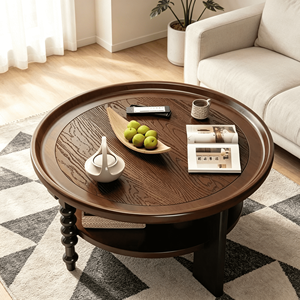 Vintage Round 2-Tier Wooden Coffee <b>Table</b>, <b>Walnut</b> Finish with Spindle Legs for Living Room - Product Image 2