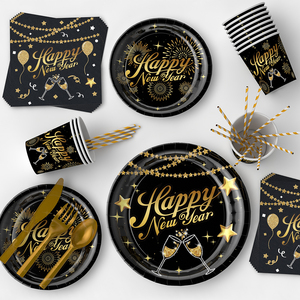 Juego <span class=keywords><strong>de</strong></span> Artículos para Fiesta <span class=keywords><strong>de</strong></span> <span class=keywords><strong>Nochevieja</strong></span> en Negro y Dorado, Juego <span class=keywords><strong>de</strong></span> Platos, Vasos y Servilletas <span class=keywords><strong>de</strong></span> Papel para Fiesta <span class=keywords><strong>de</strong></span> Año Nuevo - Product Image 4