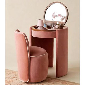 Modern Cream Boucle Vanity <b>Table</b> Set Flip Top Mirror Makeup Desk with Stool Cabinet for Bedroom Furniture - Product Image 5