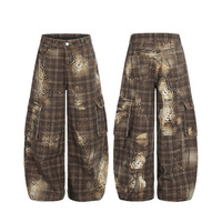 Pantalon de travail pour homme à carreaux imprimé léopard, coupe large, style urbain, avec taille mi-haute, braguette zippée et multi-poches, service OEM