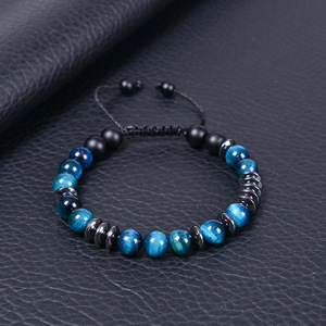 Pulsera de código <span class=keywords><strong>Morse</strong></span> hecha a mano, cuerda trenzada con <span class=keywords><strong>letras</strong></span> de 8mm, Ojo de Tigre azul Natural, pulsera magnética negra - Product Image 1
