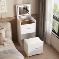 Coiffeuse moderne Fanyige avec miroir rabattable et éclairage, petit ensemble de maquillage, étagère en verre, gain de place, 3 tiroirs, coussin