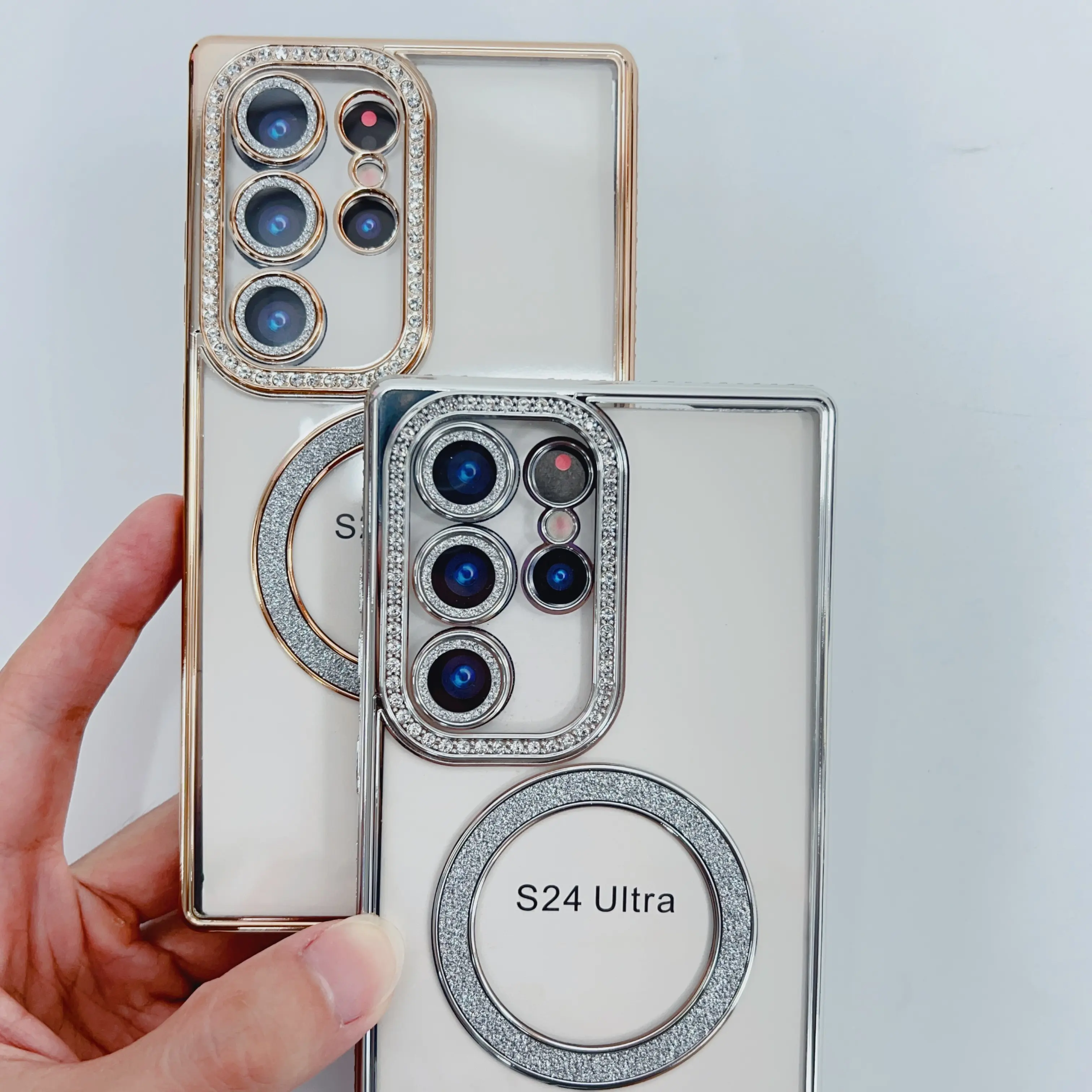 Pour Samsung S24 S23 Ultra modèle anneau magnétique charge sans fil étui de téléphone portable galvanisé diamant bordure coque de téléphone en TPU