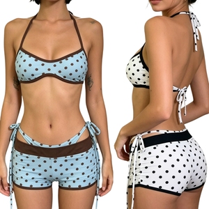 Conjunto de Bikini de 3 Piezas con Estampado de Puntos y Bloques de Color, Top Halter, Shorts con Lazos Laterales Elásticos, Traje de Baño para Mujer - Product Image 1
