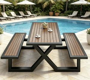 Table <span class=keywords><strong>de</strong></span> pique-nique rectangulaire blanche en <span class=keywords><strong>plastique</strong></span> et bois, robuste, pour l'extérieur, ensemble <span class=keywords><strong>de</strong></span> repas emboîtable pour <span class=keywords><strong>jardin</strong></span>, complexe hôtelier, cour arrière - Product Image 1