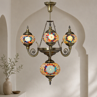 Lustre suspendu marocain antique turc artisanal en mosaïque 3+1 globes de Marrakech
