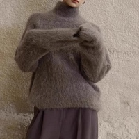 Cárdigan de mohair de alta calidad para mujer, cuello alto, manga larga, Color sólido, venta al por mayor, tamaño libre, tejido, frente de invierno
