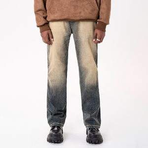 Oem özel Logo tasarım eski Vintage renk dökümlü pantolon maç geniş bacak sarı çamur yıkanmış kot erkekler için - Product Image 3