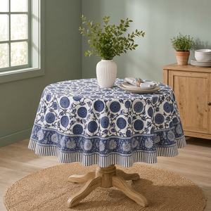 Nappe PRABHAVA de qualité supérieure, faite à la main, imprimée au bloc, 45 pouces, en lin et coton, motif floral, style moderne, lavable, personnalisable, pour fêtes - Product Image 2