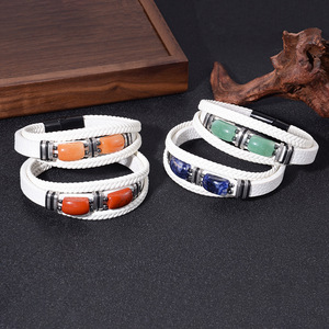 Men's <b>Leather</b> <b>Bracelet</b> Natural Stone Bezel Setting Multi Layer White Cord 7.5 8.5 9 Inches Everyday Wear Jewelry - Product Image 3