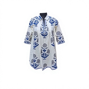 Garden Floral Styles Knitted Cotton V-Neck Knee-Length Simple Eco-Friendly Breathable Washable Vintage Modern Flare Long Sleeve - Product Image 1