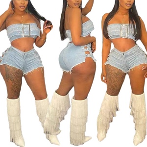 Women's New Sexy <b>Wrapped</b> Chest Hot Drilling <b>Stretch</b> Shorts Denim 2 Piece Set Fashion - Product Image 1