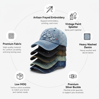 Casquette de sport réglable en denim 6 panneaux, style streetwear américain de luxe, effet vieilli, avec patch PVC floral croisé et bords bruts effet encre éclaboussée