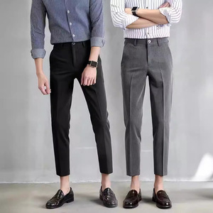 Pantalon court pour homme, coupe slim, jambe droite, style coréen, couleur unie, kaki, noir, micro-élasticité - Product Image 4