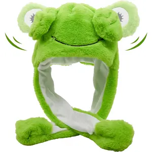 Yeux en mouvement sautant grenouille bonnet mignon grands yeux moelleux vert peluche grenouille casquette adultes enfants fête vacances Animal Cosplay doux grenouille chapeau